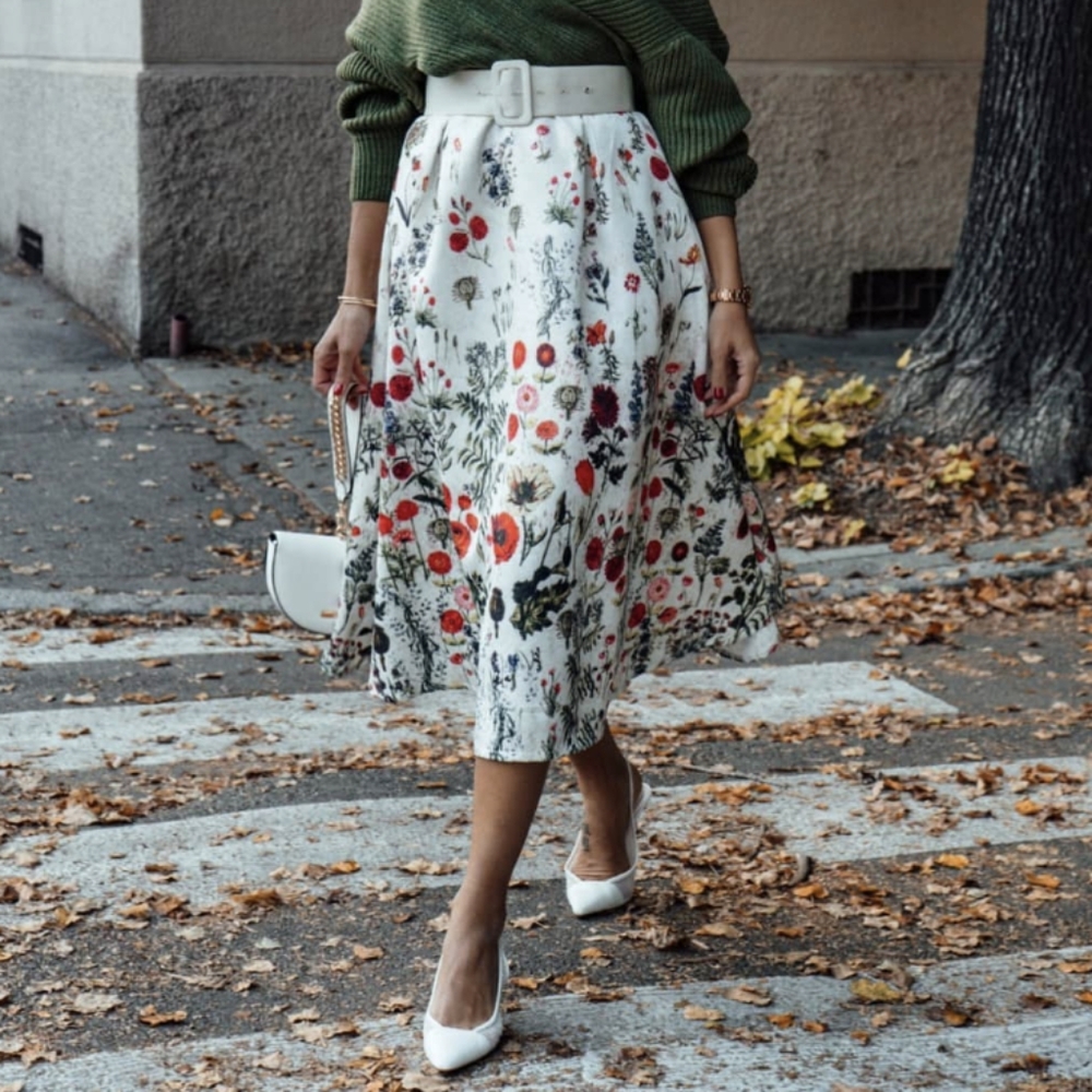 MULTI FLORAL PRINT EMBOSSED MIDI SKIRT